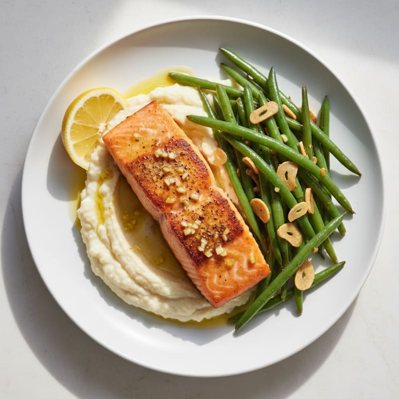 Seared Salmon Fillet with Garlicky Green Beans and Cauliflower Mash