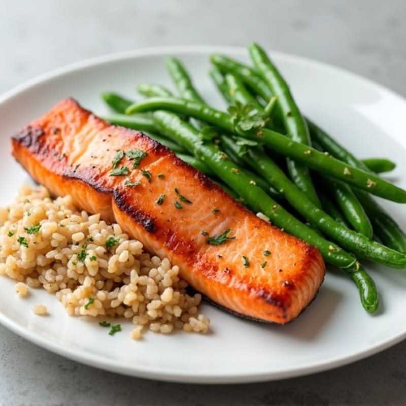 Seared Salmon with Steamed Green Beans and Brown Rice
