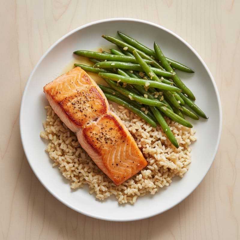Seared Salmon with Garlic Green Beans and Brown Rice