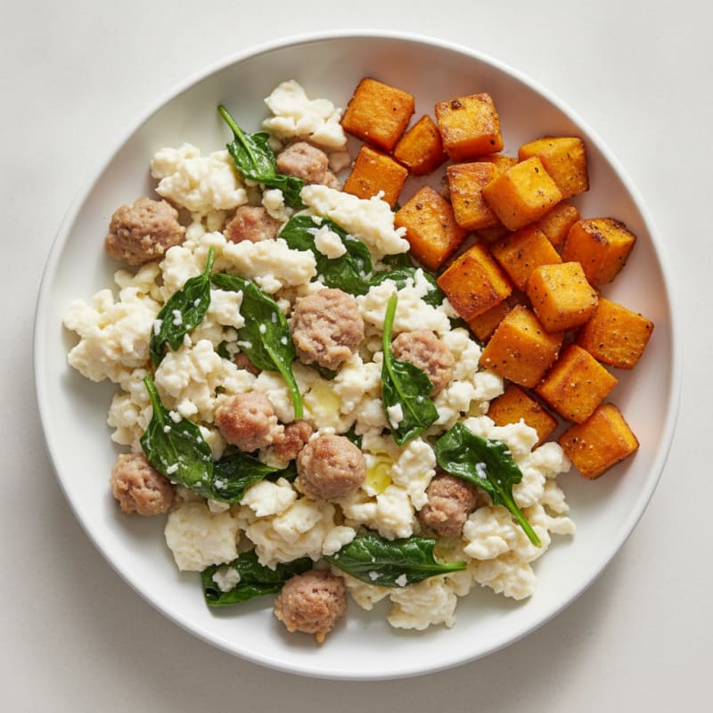 Egg White and Turkey Sausage Scramble with Spinach and Roasted Sweet Potato