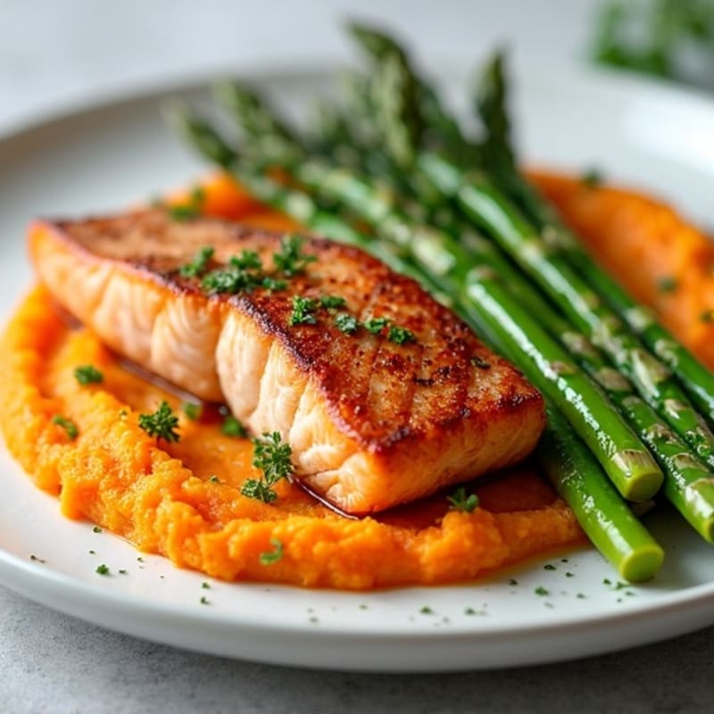 Seared Salmon Fillet with Roasted Asparagus and Sweet Potato Mash