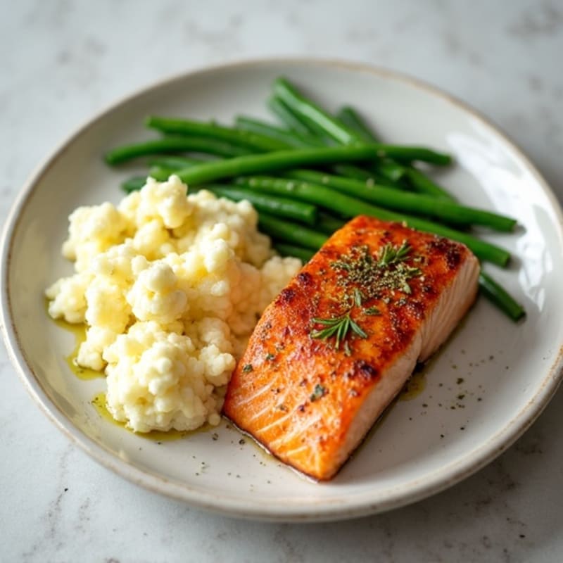 Seared Salmon Fillet with Garlic Green Beans and Cauliflower Mash