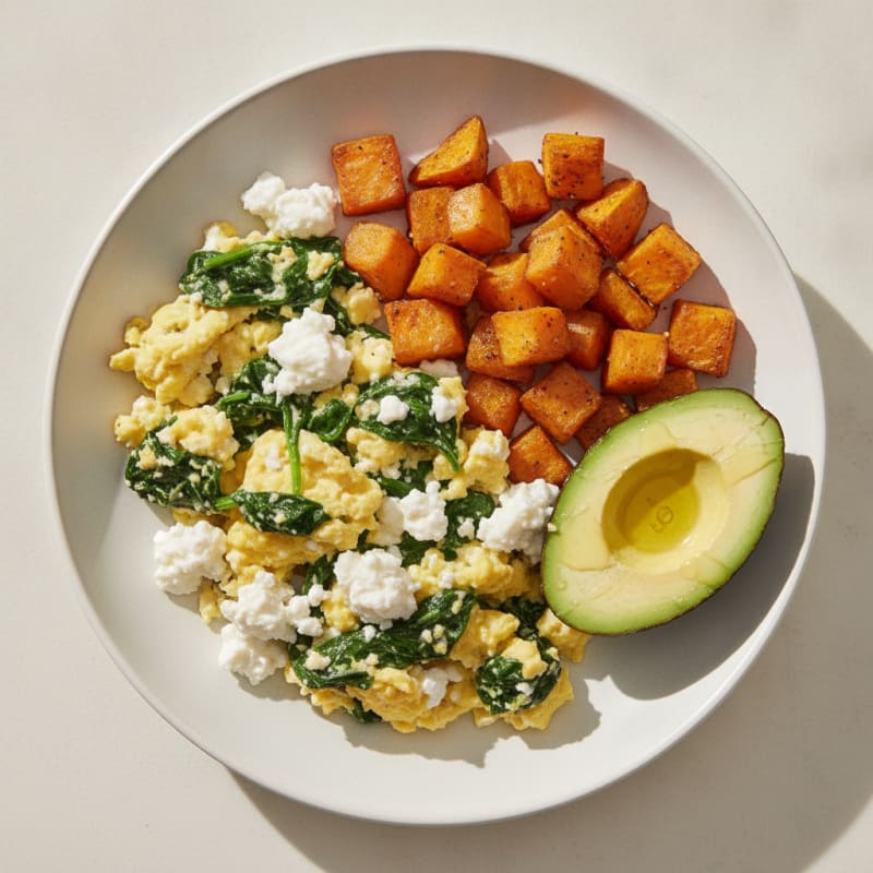 Cottage Cheese Scramble with Spinach and Roasted Sweet Potato