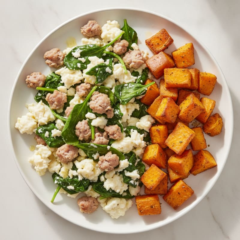 Egg White and Turkey Sausage Scramble with Spinach and Roasted Sweet Potato