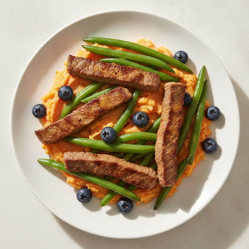 Seared Beef Strips with Steamed Green Beans and Sweet Potato Mash