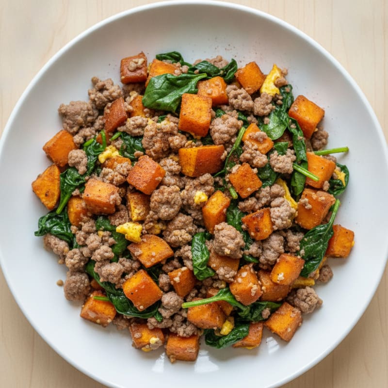 Sweet Potato and Ground Beef Scramble with Spinach
