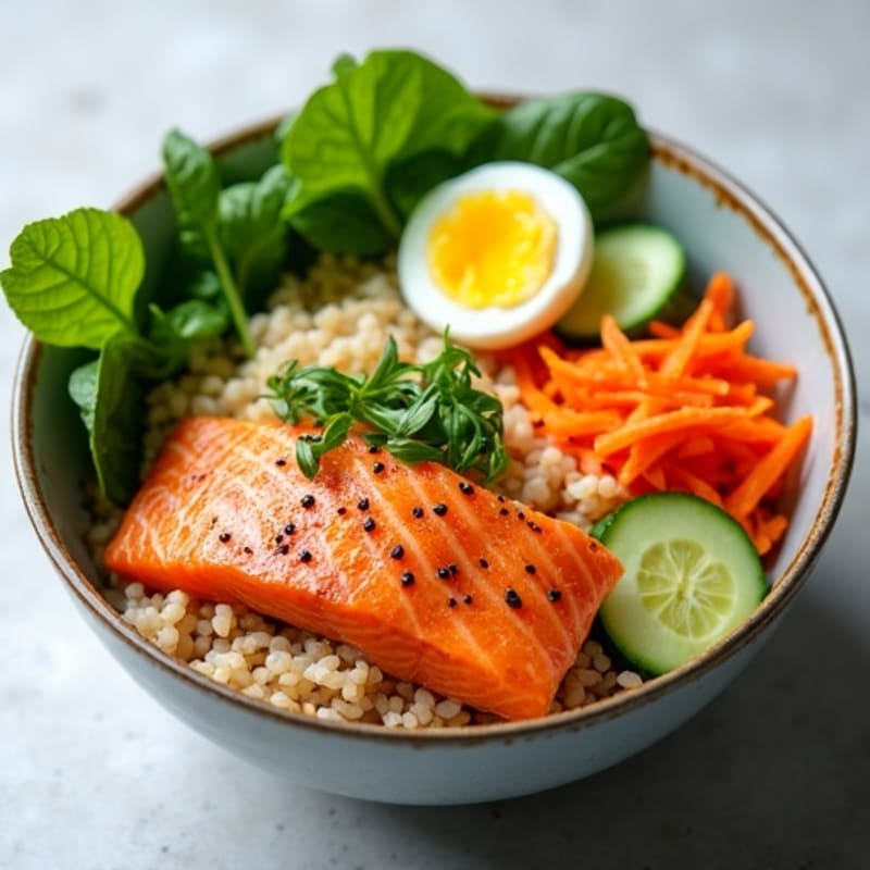 Crispy Salmon Rice Bowl with Fresh Vegetables