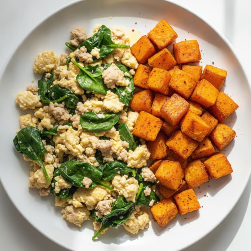 Egg White and Turkey Spinach Scramble with Roasted Sweet Potatoes