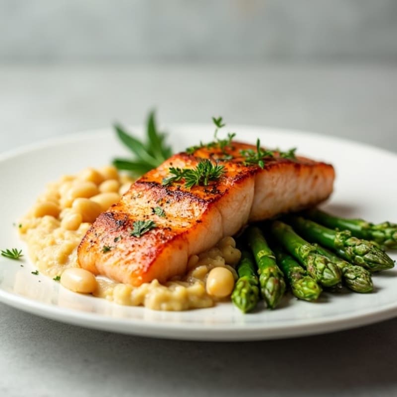Seared Salmon Fillet with Creamy White Bean Mash and Steamed Asparagus