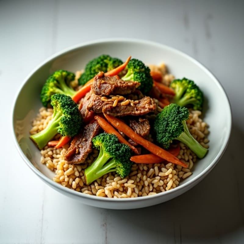 Stir-Fried Garlic-Ginger Beef and Crispy Broccoli Rice Bowl