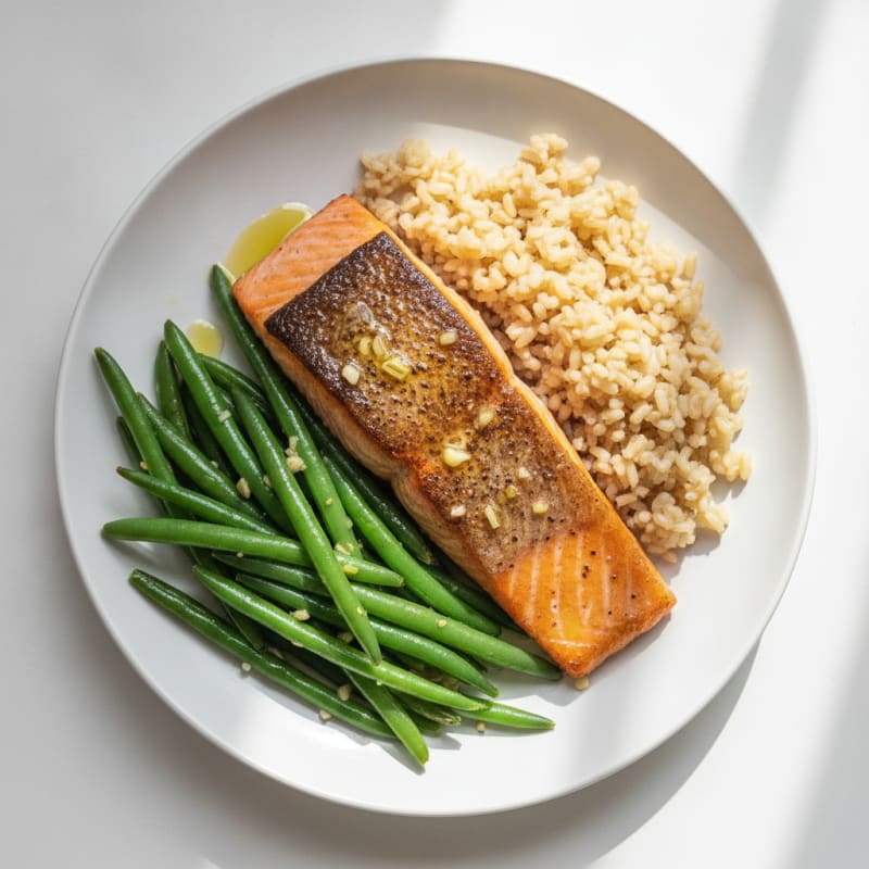 Seared Salmon Fillet with Garlic Green Beans and Brown Rice