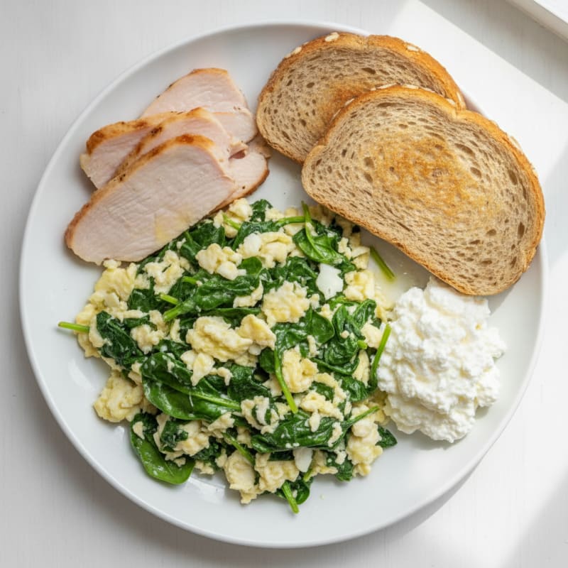 Egg White and Spinach Scramble with Cottage Cheese and Sliced Turkey