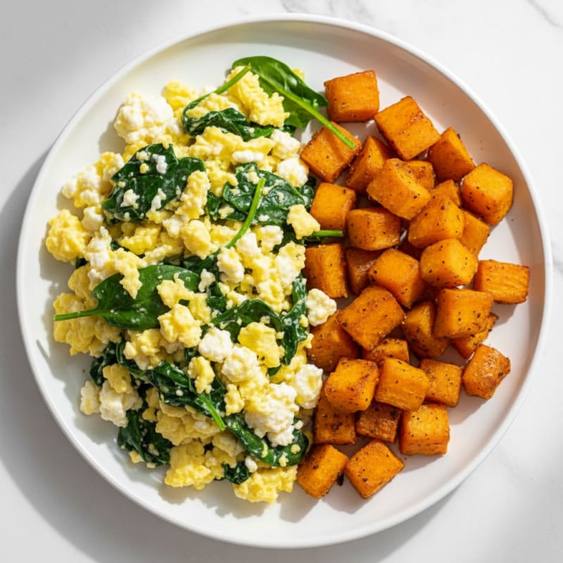 Cottage Cheese Scramble with Spinach and Roasted Sweet Potatoes