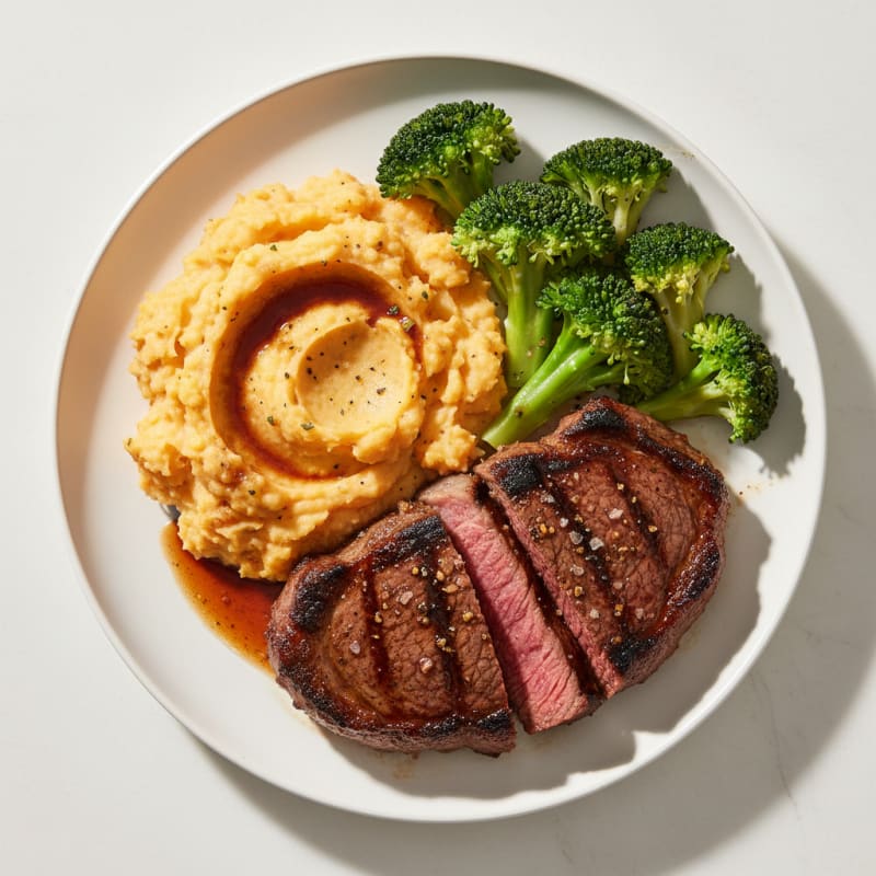 Seared Top Sirloin with Steamed Broccoli and Sweet Potato Mash