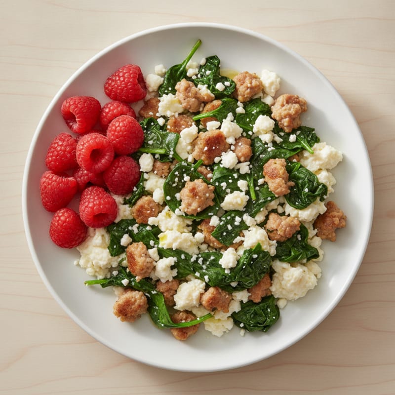 Egg White and Turkey Sausage Scramble with Sautéed Spinach