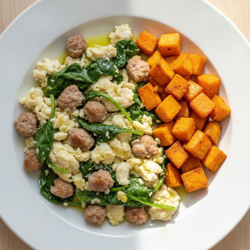 Egg White and Turkey Sausage Scramble with Spinach and Roasted Sweet Potato