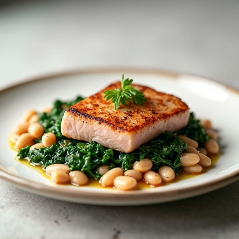 Seared Tuna Steak with White Bean and Spinach Sauté