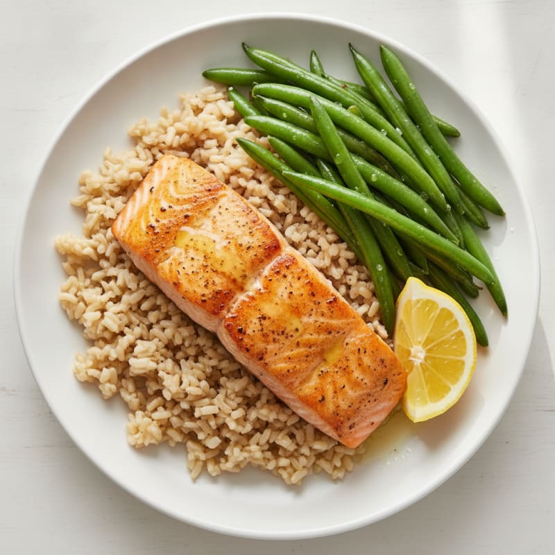 Seared Salmon with Steamed Green Beans and Brown Rice