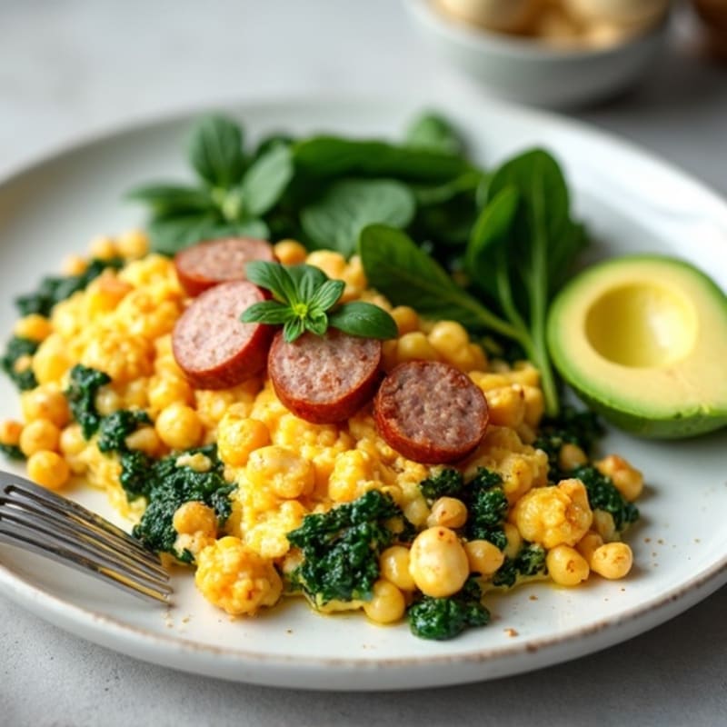 Egg White and Turkey Sausage Scramble with Sautéed Spinach and Avocado