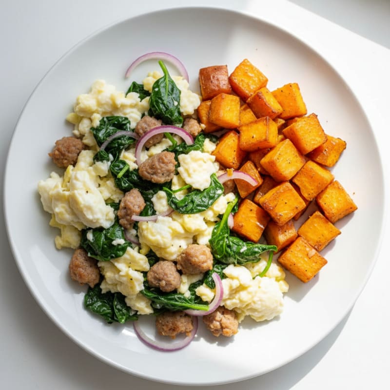 Egg White and Turkey Sausage Scramble with Spinach and Roasted Sweet Potato