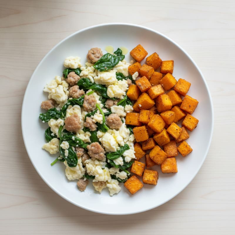 Egg White and Turkey Sausage Scramble with Spinach and Roasted Sweet Potato