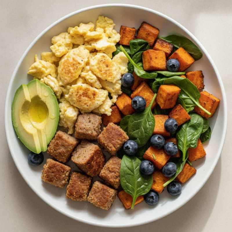Scrambled Eggs with Turkey Sausage and Roasted Sweet Potato