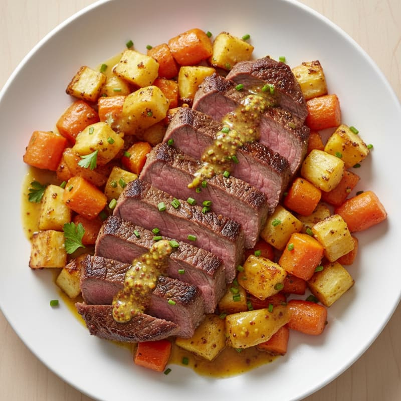 Seared Lean Beef with Roasted Root Vegetables and Mustard Vinaigrette
