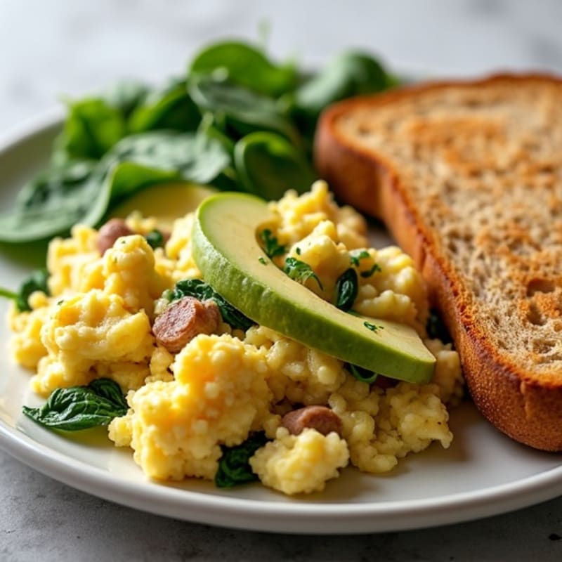 Egg White and Turkey Sausage Scramble with Spinach and Whole Grain Toast