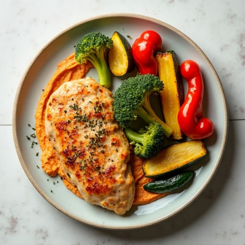 Herb-Roasted Chicken and Vegetable Plate with Creamy Red Pepper Hummus
