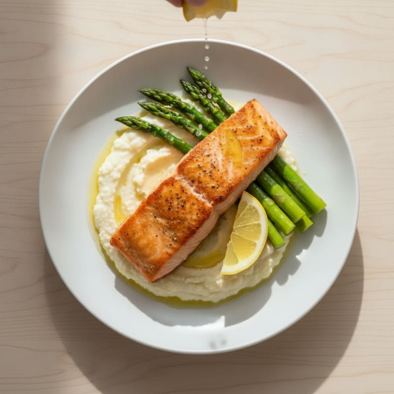 Seared Salmon Fillet with Steamed Asparagus and Cauliflower Mash