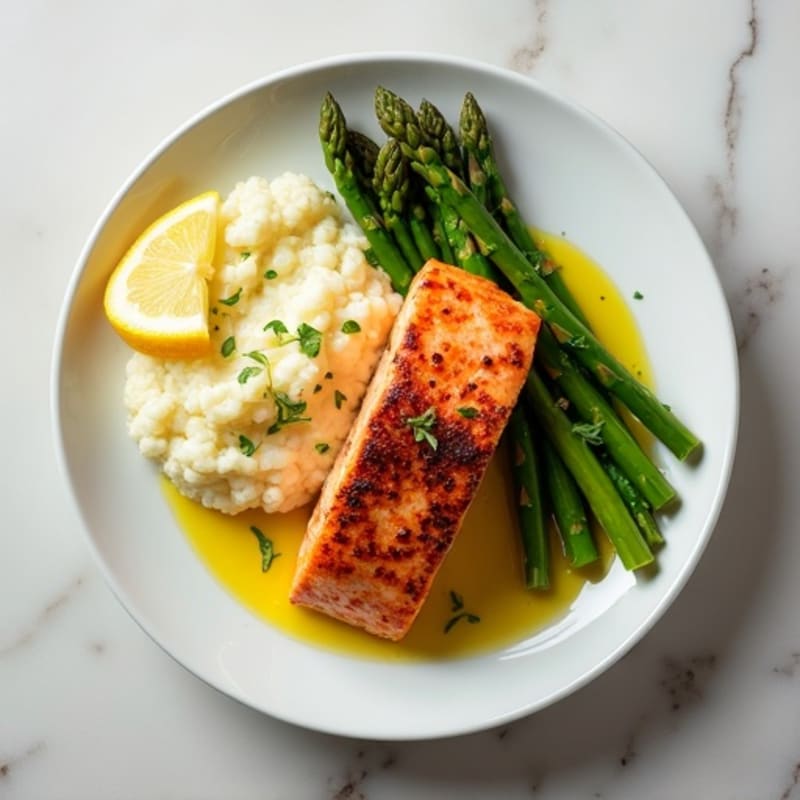 Seared Salmon with Steamed Asparagus and Garlic Cauliflower Mash