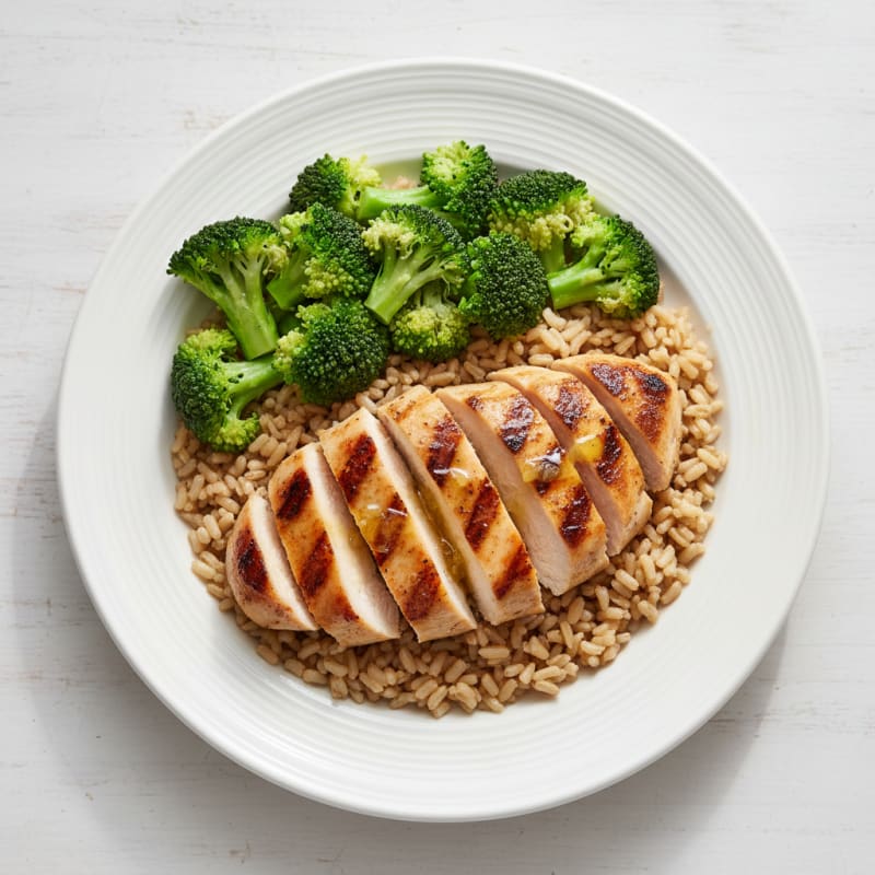 Grilled Chicken Breast with Steamed Broccoli and Brown Rice