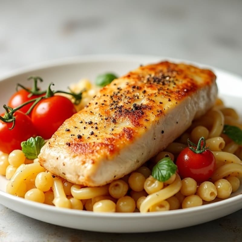 Seared Chicken Breast with High-Protein Chickpea Pasta and Roasted Cherry Tomatoes