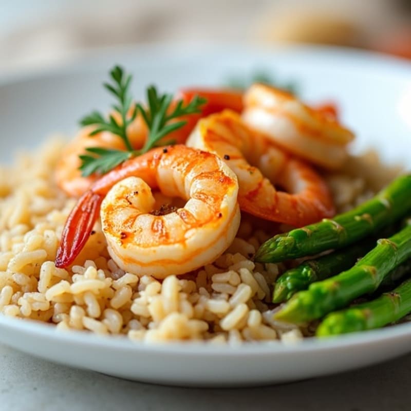 Pan-Seared Lemon Garlic Shrimp with Brown Rice and Tender Asparagus