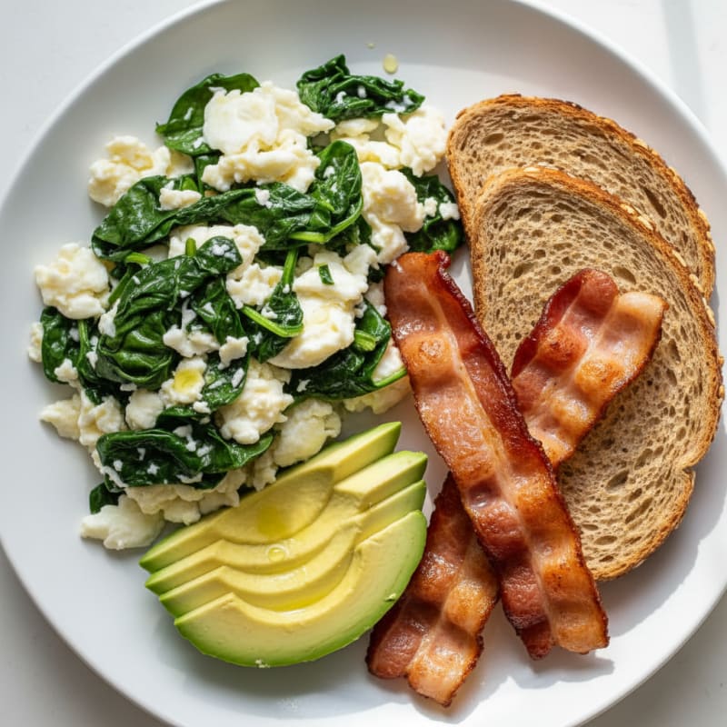 Crispy Turkey Bacon and Egg White Scramble with Baby Spinach