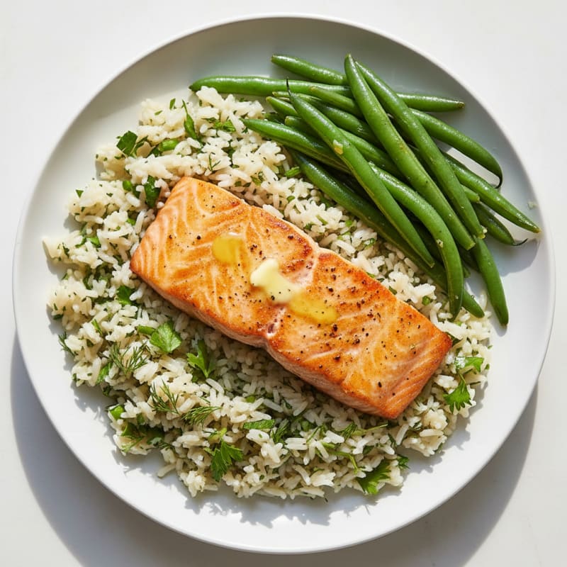 Seared Salmon with Herbed Rice and Steamed Green Beans