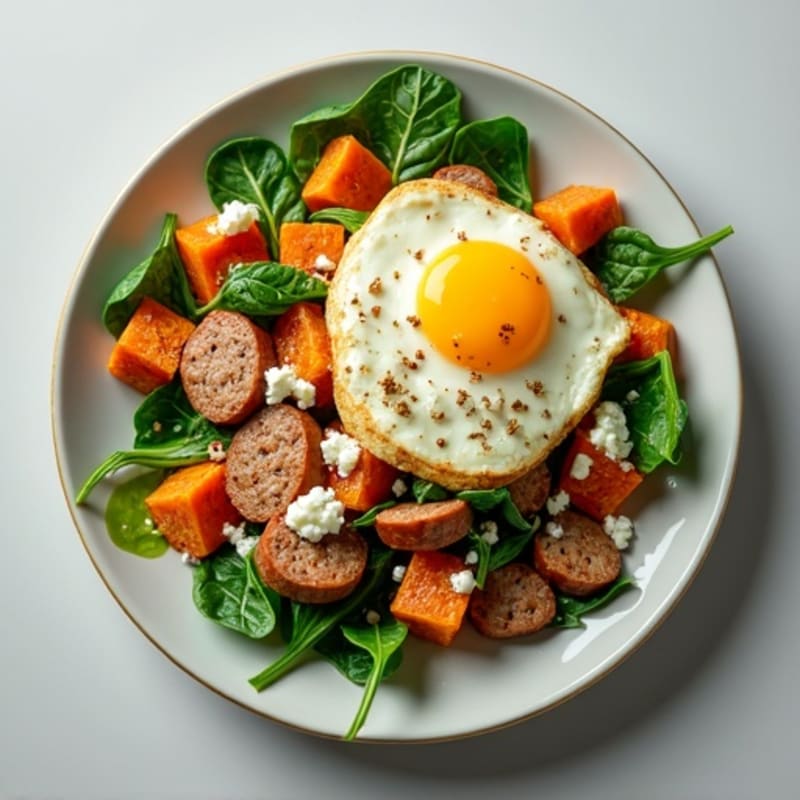 Egg White and Turkey Sausage Scramble with Spinach and Roasted Sweet Potato