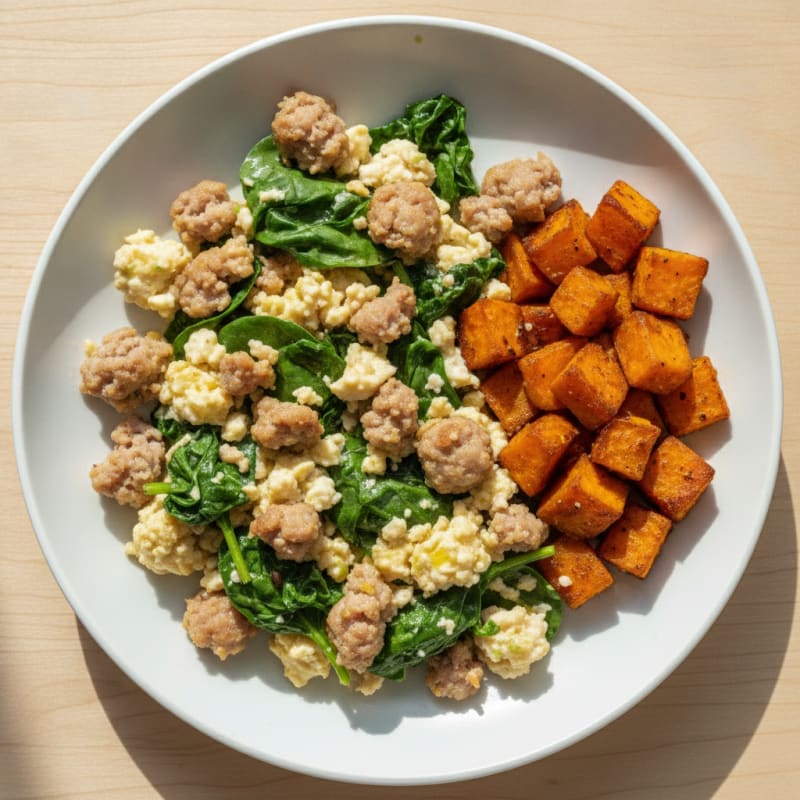Egg White and Turkey Sausage Scramble with Spinach and Roasted Sweet Potato