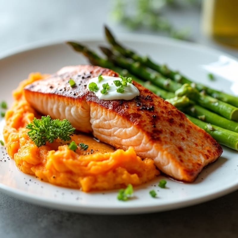 Seared Salmon with Roasted Asparagus and Sweet Potato Mash