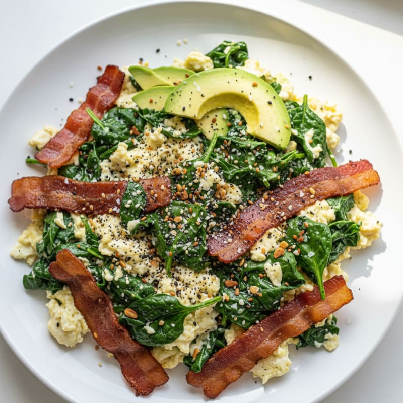Everything Egg White and Spinach Scramble with Turkey Bacon