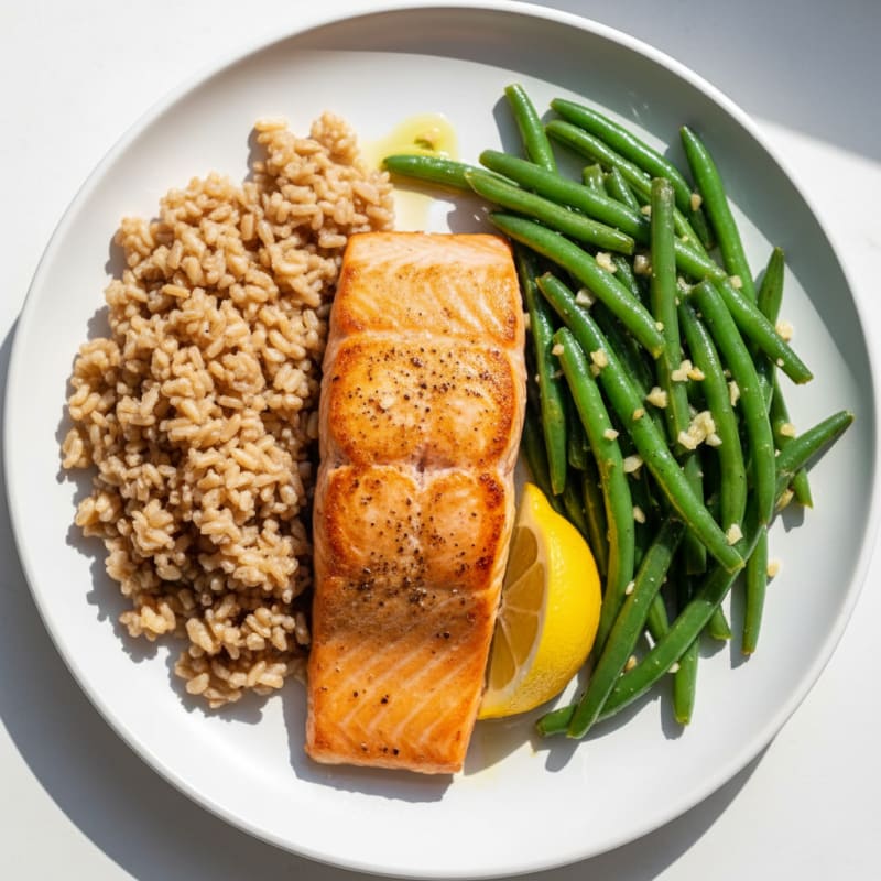 Seared Salmon Fillet with Garlic Green Beans and Brown Rice