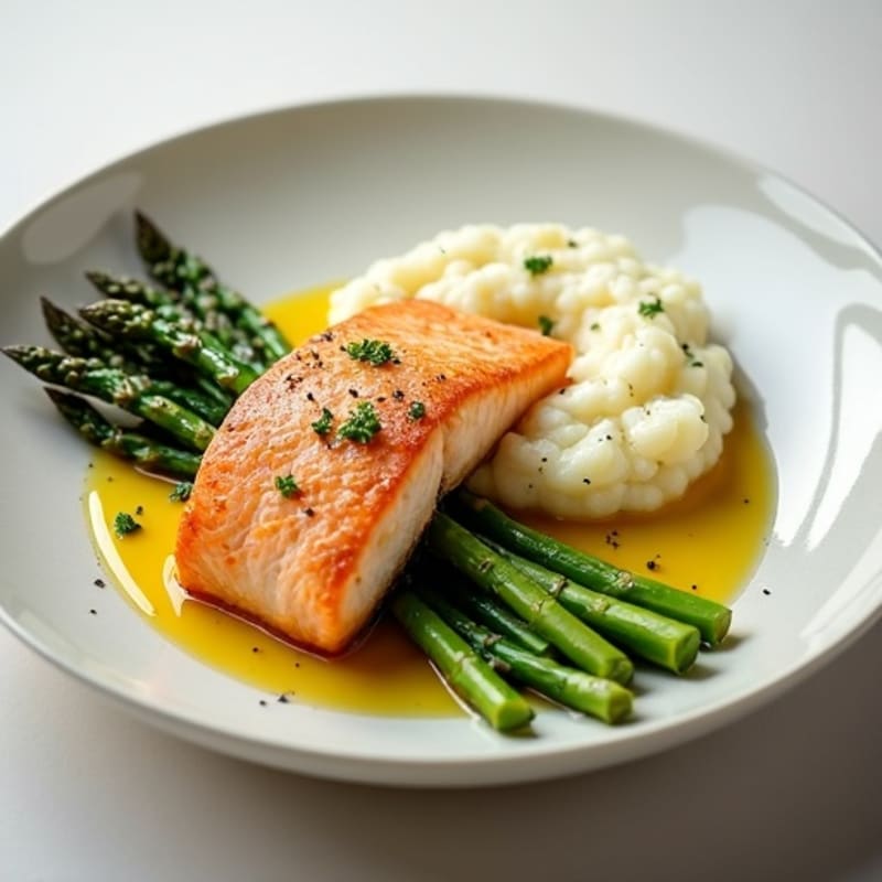 Seared Salmon with Steamed Asparagus and Cauliflower Mash