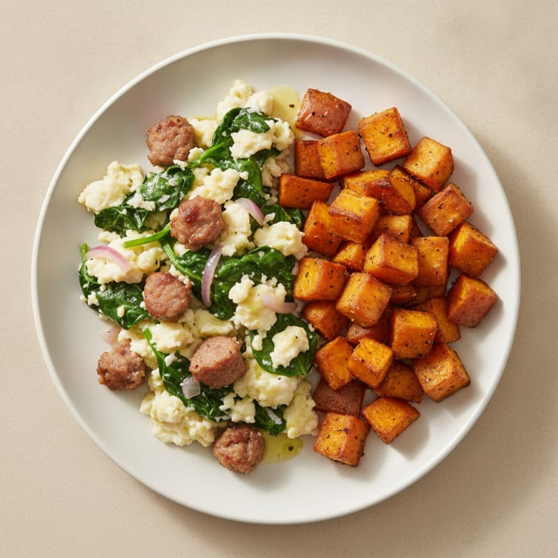 Egg White and Spinach Scramble with Turkey Sausage and Roasted Sweet Potatoes