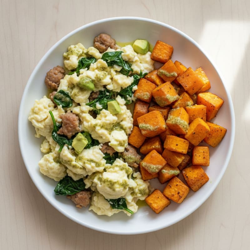 Egg White Scramble with Turkey Sausage and Roasted Sweet Potatoes