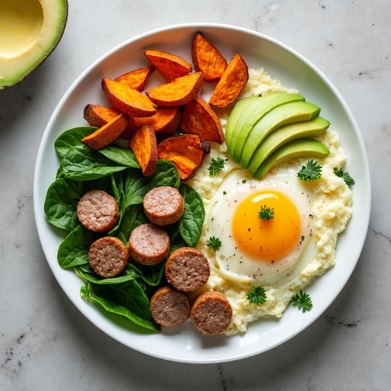 Egg White and Turkey Sausage Scramble with Spinach and Roasted Sweet Potato