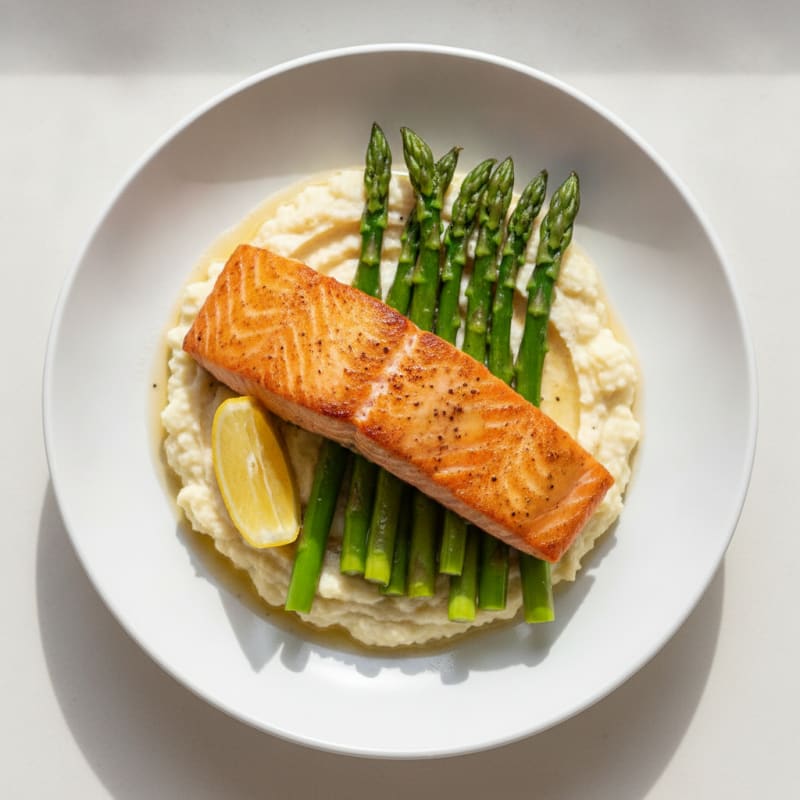 Seared Salmon with Steamed Asparagus and Cauliflower Mash