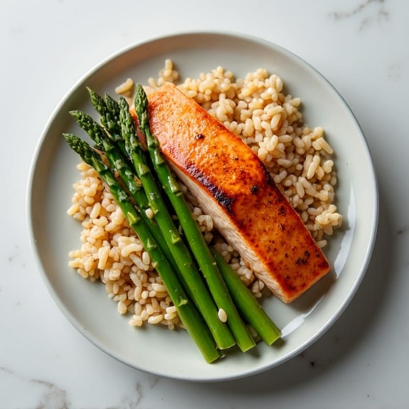 Seared Salmon with Steamed Asparagus and Brown Rice
