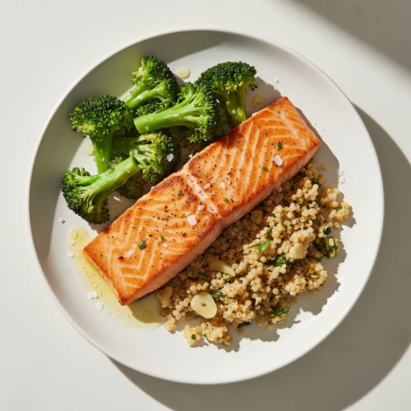 Seared Salmon Fillet with Steamed Broccoli and Garlic Quinoa