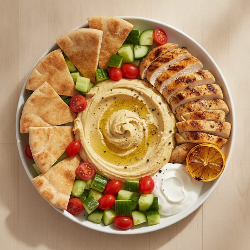 Mediterranean Chickpea Hummus Platter with Grilled Chicken
