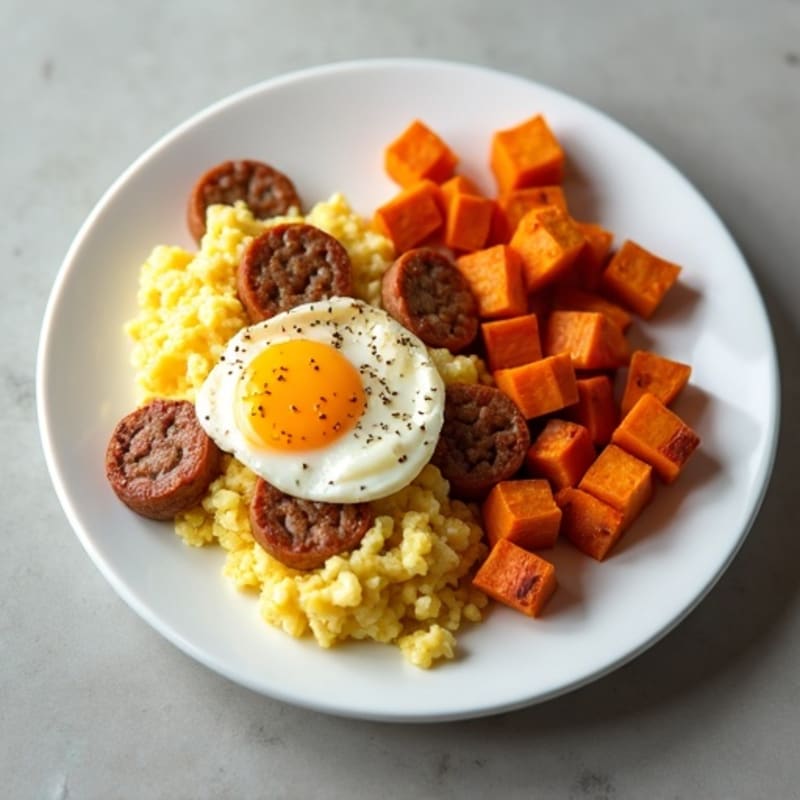 Egg White and Turkey Sausage Scramble with Roasted Sweet Potatoes